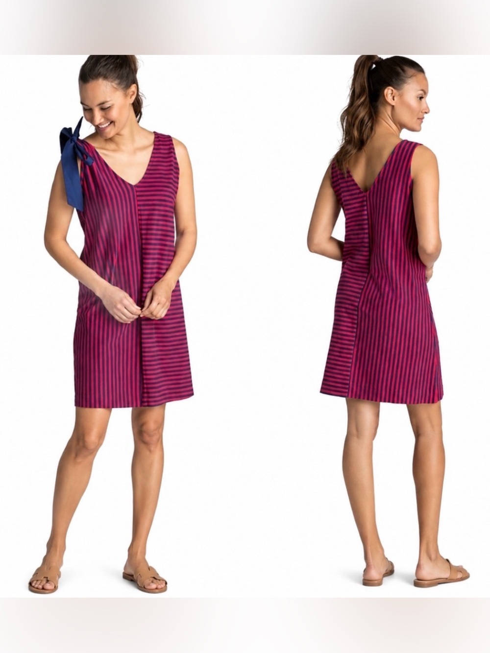 Vineyard Vines Sz Med Red & Navy Stripe One Shoulder Bow Dress 100% Cotton